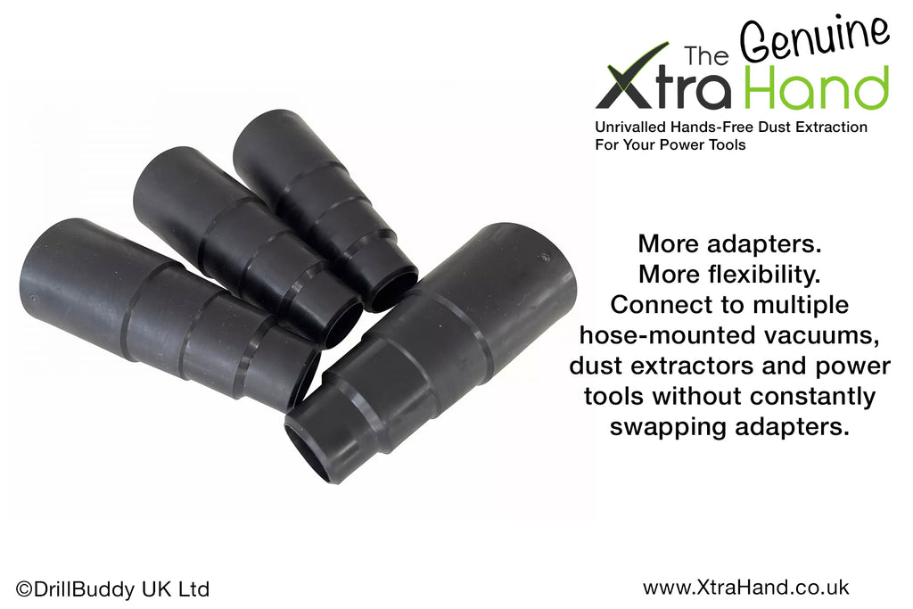 Four Genuine XtraHand® Professional Flexible Hose Adapters, designed to connect the XtraHand and other power tools to multiple hose-mounted vacuums and dust extractors for fast, reliable dust extraction.