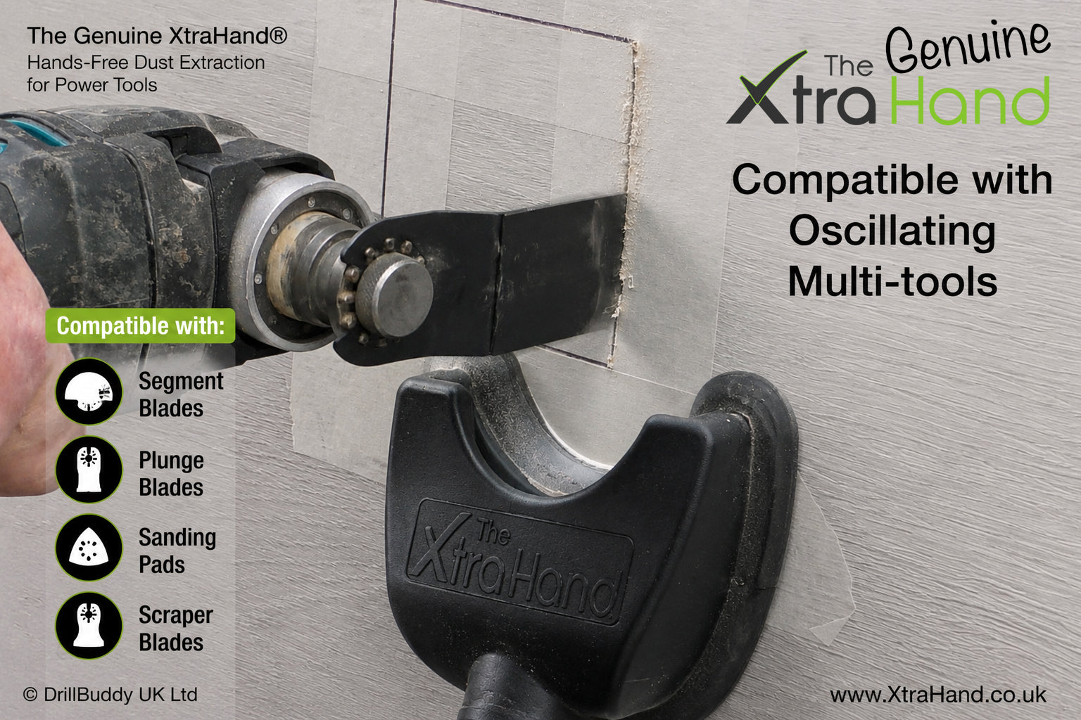 The XtraHand hands-free vacuum powered dust extraction tool capturing dust while cutting out an electrical back box in veneered MDF
