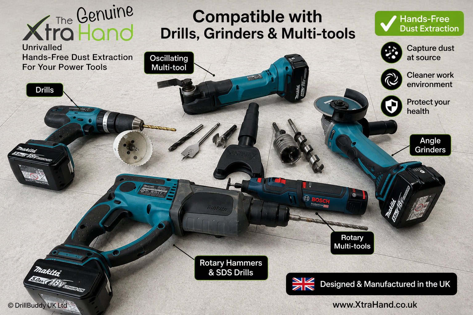 The Genuine XtraHand® hands-free dust extraction tool is compatible with HSS drill bits, masonry drill bits, spade bits, auger bits, hole saws and many power tools. Connected to a hose-mounted vacuum, it captures dust and debris at source while drilling, cutting and grinding.