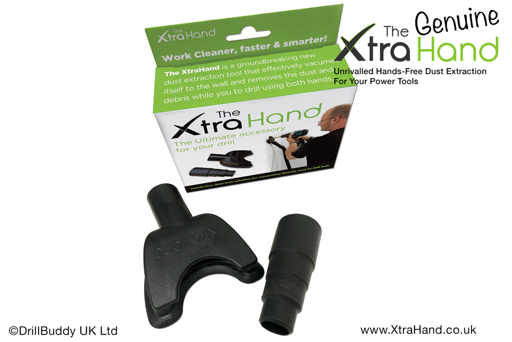 The Genuine XtraHand® hands-free dust extraction tool with Professional Flexible Tapered Hose Adapter and retail packaging, compatible with most 32mm–35mm hose-mounted vacuums and dust extractors for drilling, cutting and grinding.