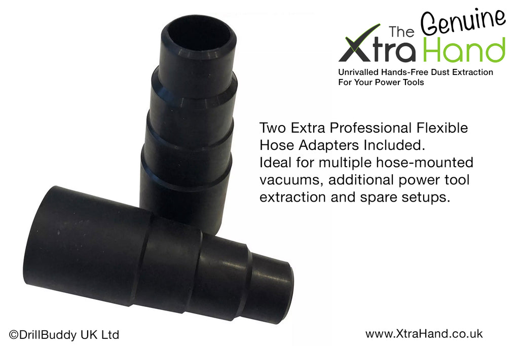 Two Genuine XtraHand Professional Flexible Tapered Hose Adapters for connecting hose-mounted vacuums and dust extractors to power tools and the XtraHand dust extraction tool.