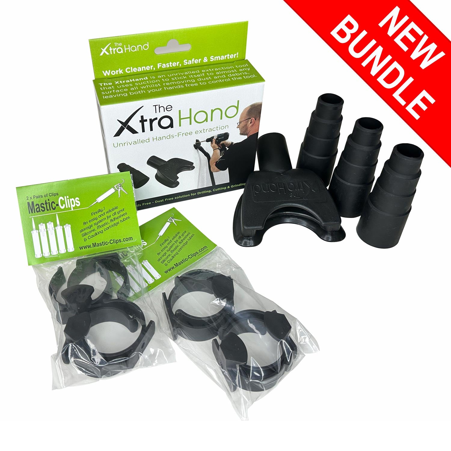 The Genuine XtraHand with 3 x Pro Hose Adapters & 4 Pairs of Mastic Clips