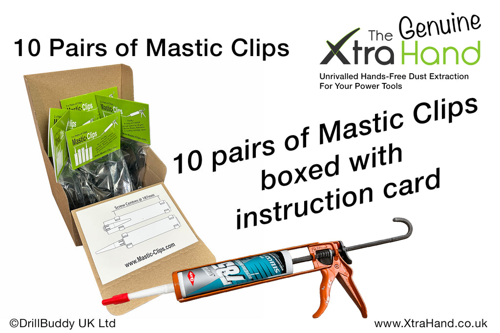 A promotional product graphic showing a box of Mastic Clips, an orange-and-black caulking gun with a Mastic tube, green packet bags, and an instruction card on a white background with large text reading '10 Pairs of Mastic Clips' and '10 pairs of Mastic Clips boxed with instruction card.