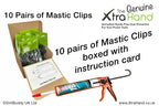 A promotional product graphic showing a box of Mastic Clips, an orange-and-black caulking gun with a Mastic tube, green packet bags, and an instruction card on a white background with large text reading '10 Pairs of Mastic Clips' and '10 pairs of Mastic Clips boxed with instruction card.