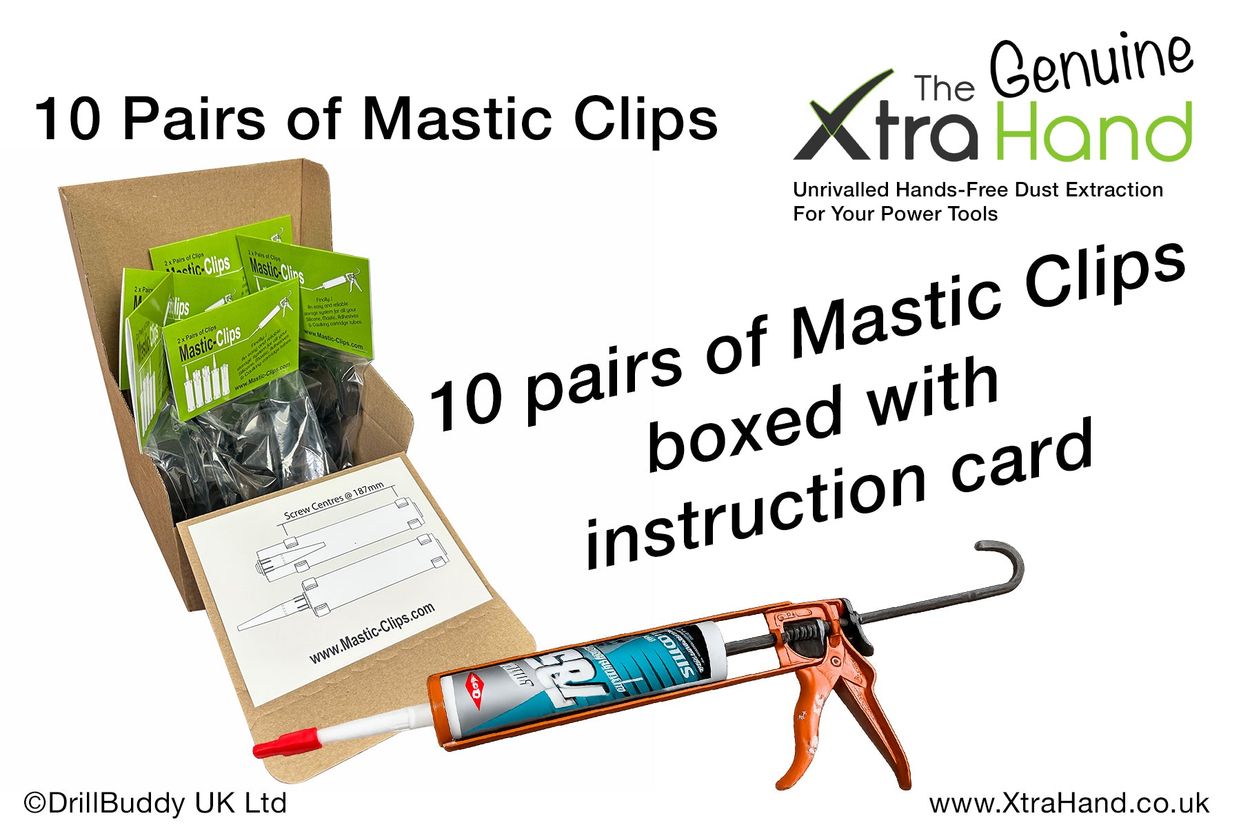 A promotional product graphic showing a box of Mastic Clips, an orange-and-black caulking gun with a Mastic tube, green packet bags, and an instruction card on a white background with large text reading '10 Pairs of Mastic Clips' and '10 pairs of Mastic Clips boxed with instruction card.