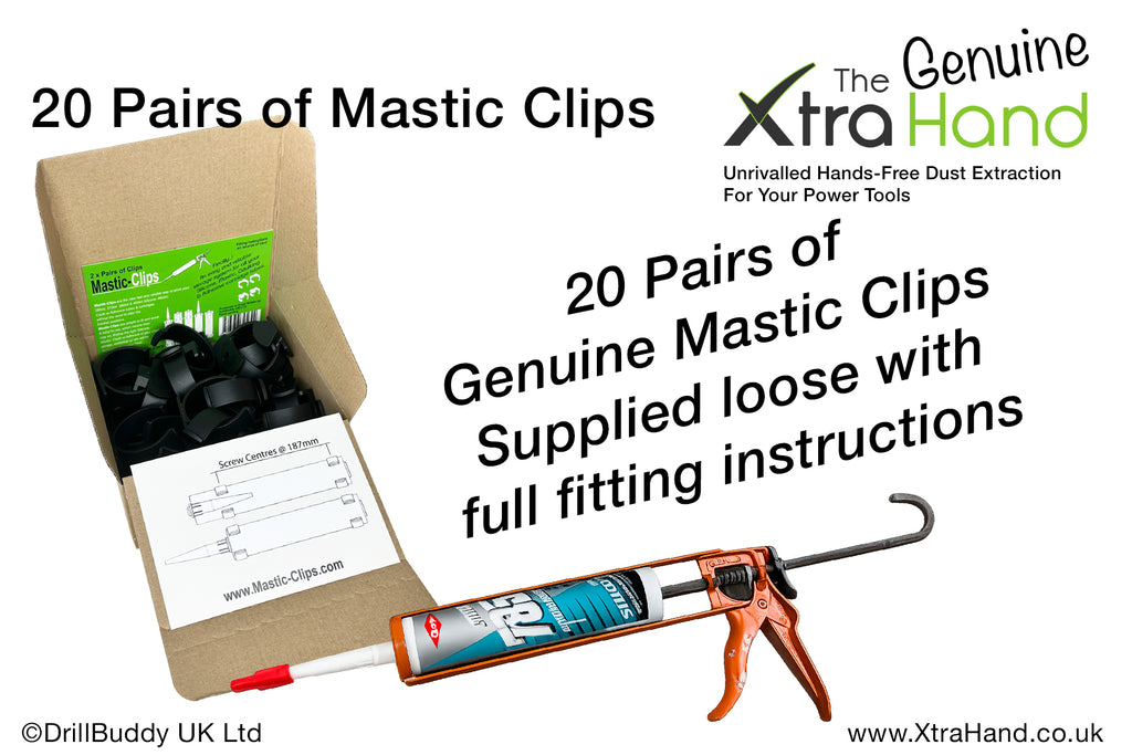 Twenty pairs of Genuine Mastic Clips® by DrillBuddy UK supplied loose and boxed with fitting instructions for securely storing silicone, mastic, caulk and adhesive cartridge tubes.