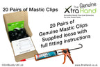 Twenty pairs of Genuine Mastic Clips® by DrillBuddy UK supplied loose and boxed with fitting instructions for securely storing silicone, mastic, caulk and adhesive cartridge tubes.