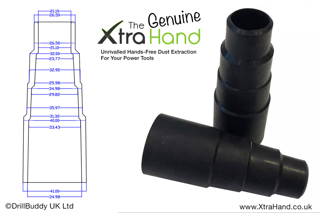 Engineering drawing and product image of the Genuine XtraHand® Professional Flexible Stepped Hose Adapter showing the stepped connection sizes, precision tapered lead-in edges and dimensions for compatibility with a wide range of hose-mounted vacuums, dust extractors and compatible power tools.