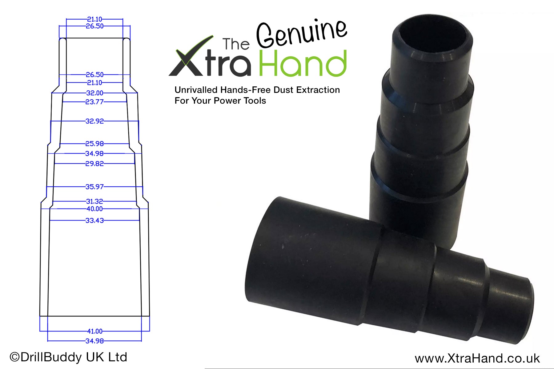 Engineering drawing and product image of the Genuine XtraHand® Professional Flexible Stepped Hose Adapter showing the stepped connection sizes, precision tapered lead-in edges and dimensions for compatibility with a wide range of hose-mounted vacuums, dust extractors and compatible power tools.