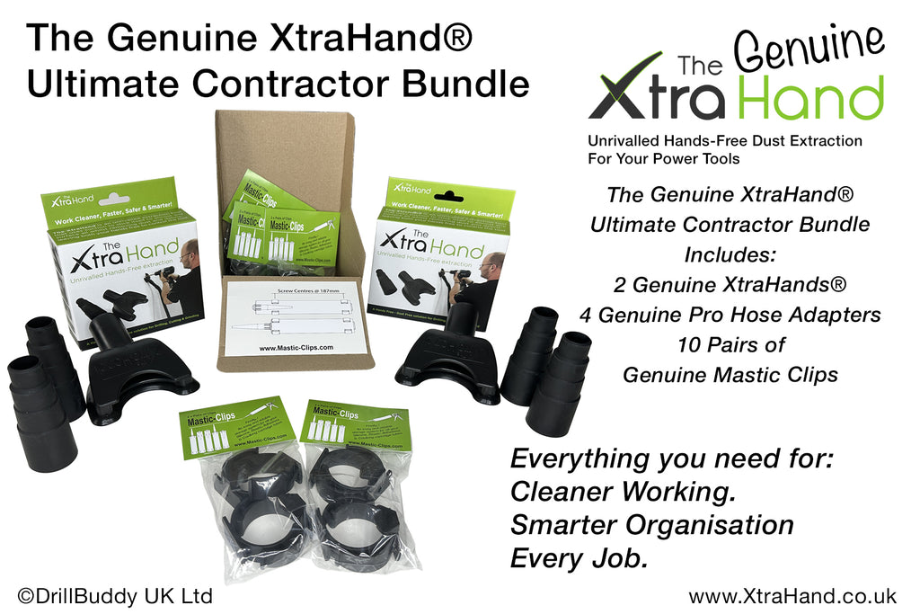 The Genuine XtraHand® Ultimate Contractor Bundle including 2 hands-free dust extraction tools, 4 Professional Pro Hose Adapters and 10 pairs of Genuine Mastic Clips for cleaner working, workshop organisation and cartridge tube storage.