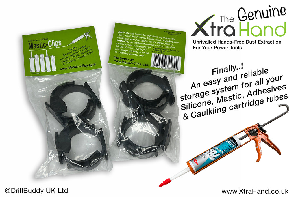 Four pairs of Genuine Mastic Clips® in retail packaging shown with a Mastic gun for securely storing silicone, mastic, caulk and adhesive cartridges. Each pack includes fitting instructions and sizing information for a secure, reliable installation.