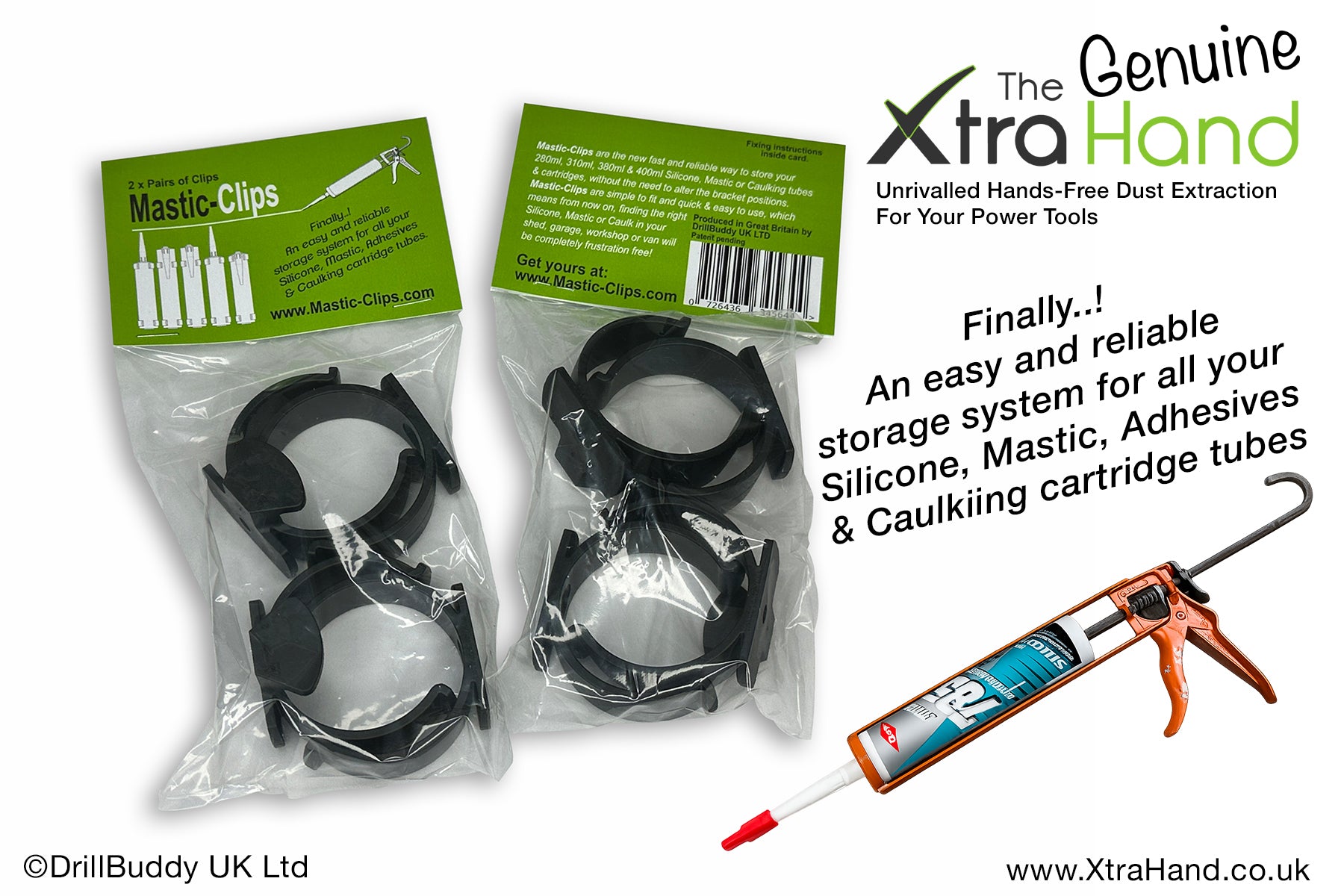 Four pairs of Genuine Mastic Clips® in retail packaging shown with a Mastic gun for securely storing silicone, mastic, caulk and adhesive cartridges. Each pack includes fitting instructions and sizing information for a secure, reliable installation.
