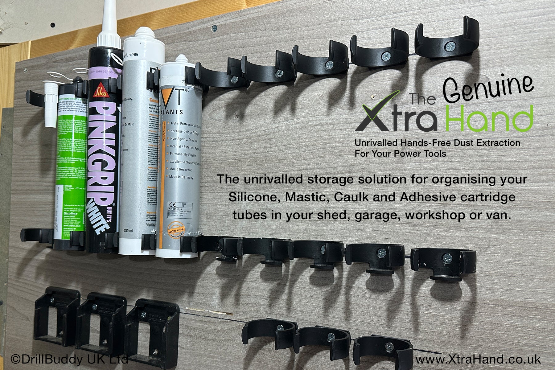 Mastic Clips by DrillBuddy UK mounted on a workshop wall storing Silicone, Mastic, Caulk and Adhesive cartridge tubes. The storage system keeps cartridge tubes organised, secure and easy to access in sheds, garages, workshops and service vans.