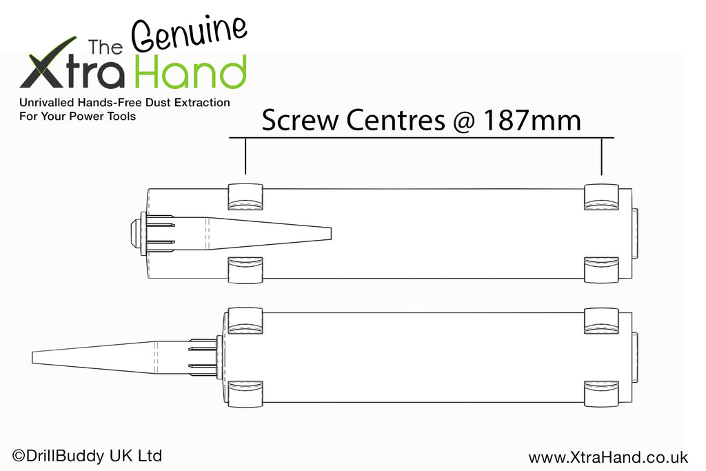 Fitting diagram for Mastic Clips showing the recommended 187mm screw centre spacing for securely mounting silicone, mastic, caulk and adhesive cartridge storage clips to a shed, garage, workshop or van wall.