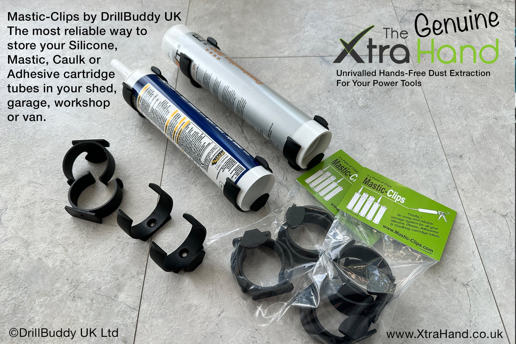 Mastic Clips® are for securely storing silicone, mastic, caulk and adhesive cartridges. Image shows two cartridges fitted with Mastic Clips, two loose pairs of clips and one packaged set containing four pairs of clips.