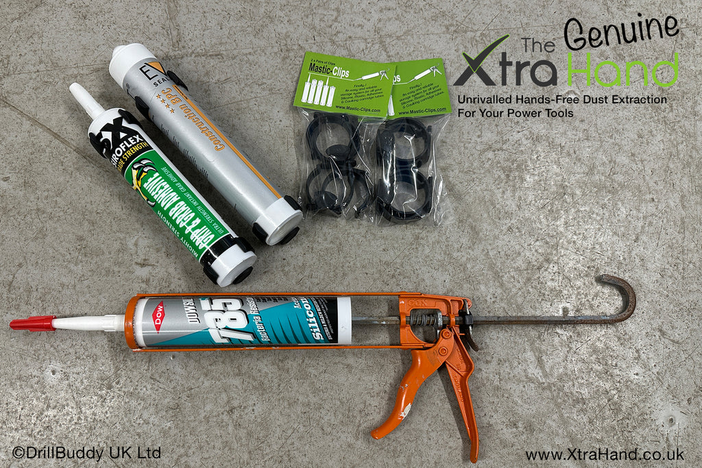 The Genuine Mastic Clips® fitted to silicone, mastic and adhesive cartridges alongside a caulking gun and two retail packs. Mastic Clips provide fast, reliable storage for cartridge tubes in workshops, garages, sheds and vans.