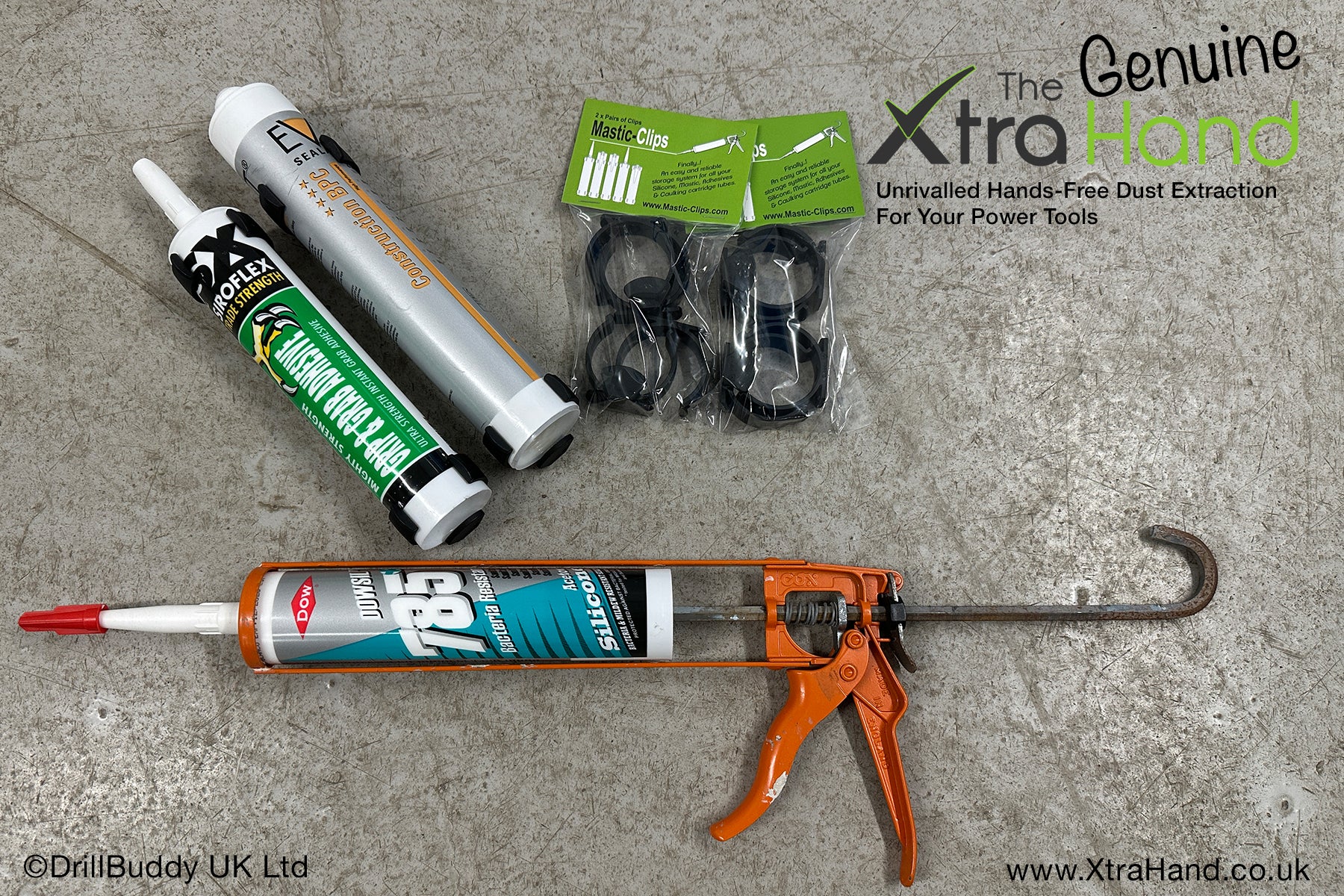 The Genuine Mastic Clips® fitted to silicone, mastic and adhesive cartridges alongside a caulking gun and two retail packs. Mastic Clips provide fast, reliable storage for cartridge tubes in workshops, garages, sheds and vans.