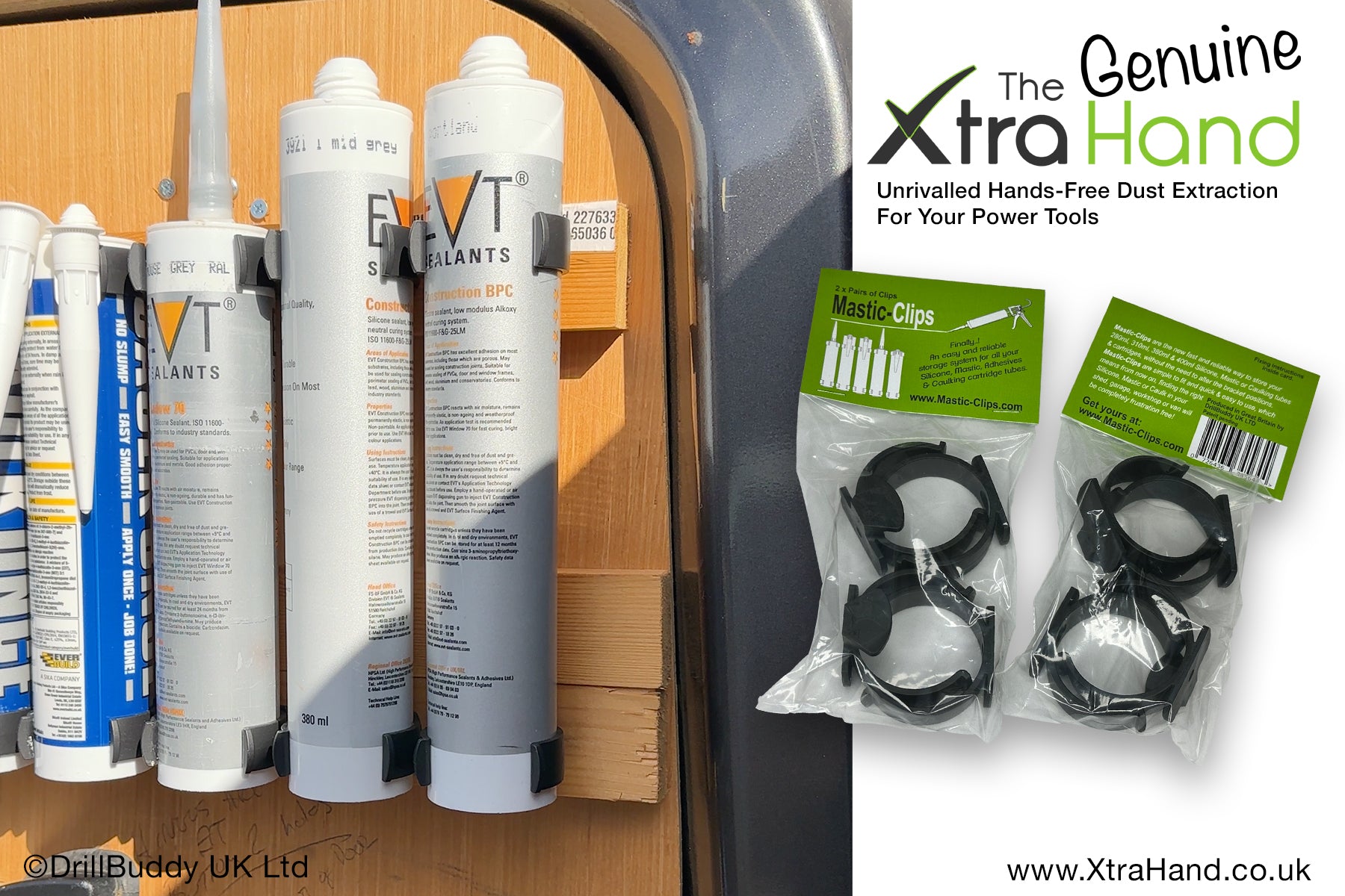 Genuine Mastic Clips® mounted on the rear door of a work van, securely storing silicone, mastic, caulk and adhesive cartridges. Includes two retail packs containing four pairs of Mastic Clips for organised van storage.