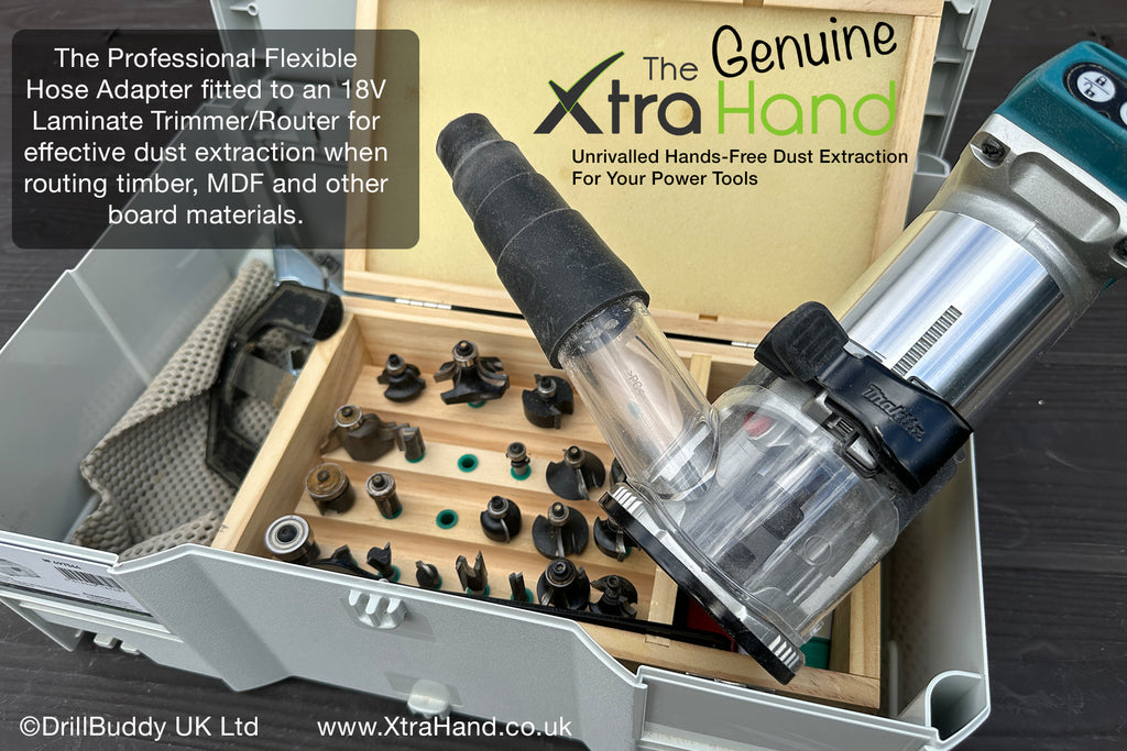 The Genuine XtraHand® Professional Flexible Hose Adapter fitted to a woodworking router, demonstrating its versatility for connecting power tools to hose-mounted vacuums and dust extractors for cleaner dust extraction.