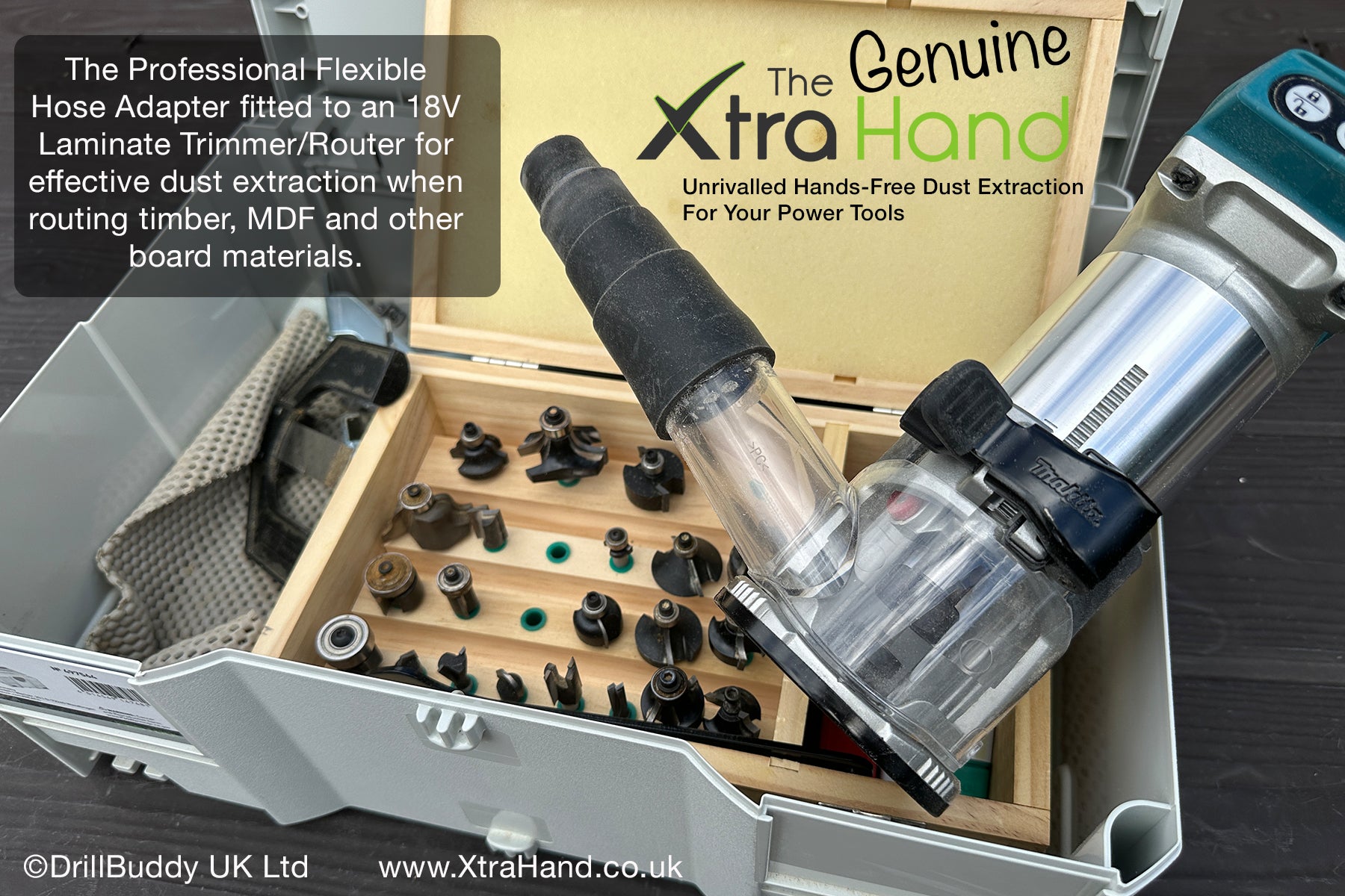 The Genuine XtraHand® Professional Flexible Hose Adapter fitted to a woodworking router, demonstrating its versatility for connecting power tools to hose-mounted vacuums and dust extractors for cleaner dust extraction.