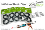 Ten pairs of Genuine Mastic Clips by DrillBuddy UK for securely storing silicone, mastic, caulk and adhesive cartridge tubes in sheds, garages, workshops and vans.