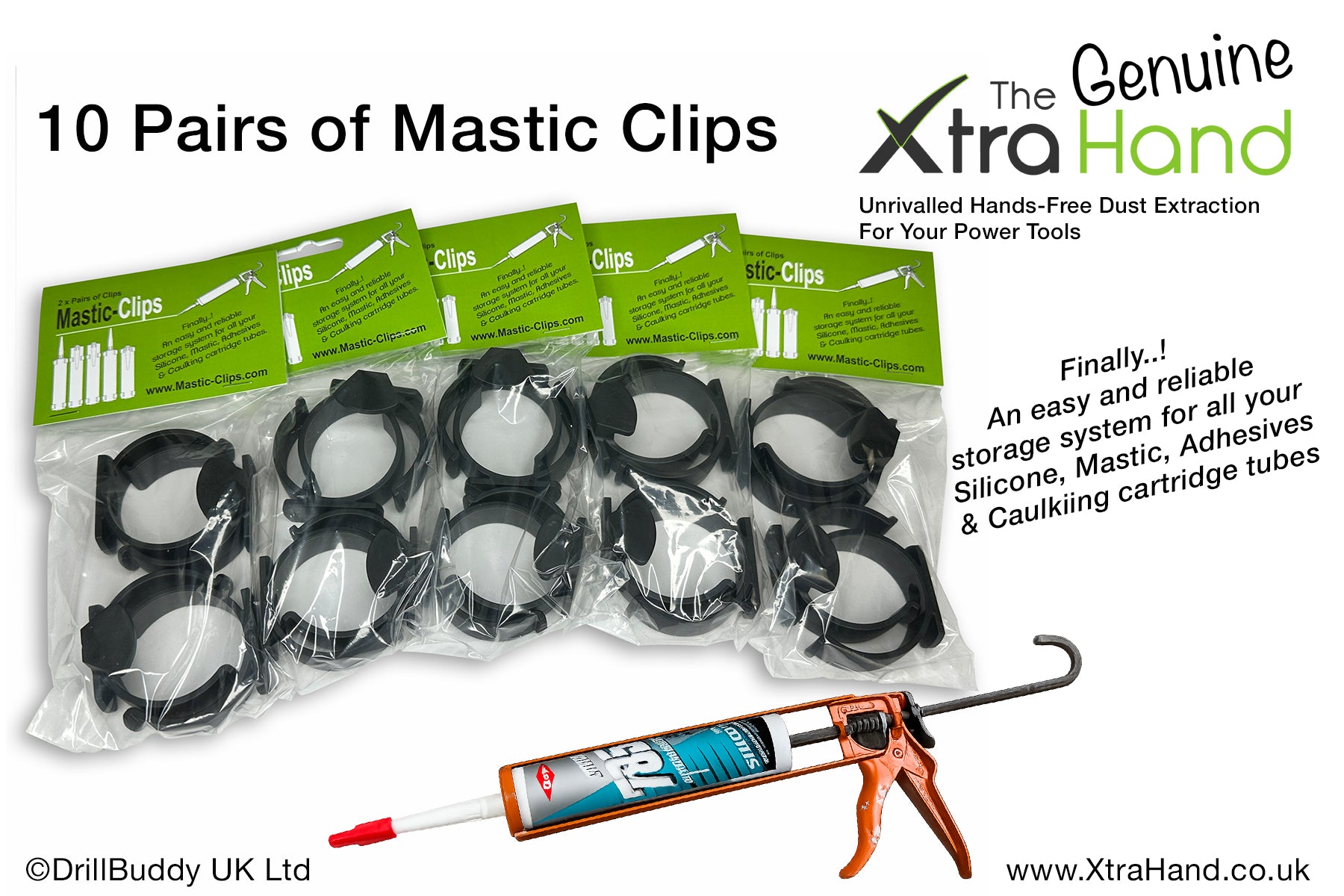Ten pairs of Genuine Mastic Clips by DrillBuddy UK for securely storing silicone, mastic, caulk and adhesive cartridge tubes in sheds, garages, workshops and vans.