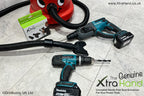 The Genuine XtraHand® hands-free dust extraction system with a Numatic Henry vacuum, SDS rotary hammer drill and cordless drill. Demonstrates compatibility with popular hose mounted vacuums and power tools for cleaner, safer drilling, cutting and grinding.