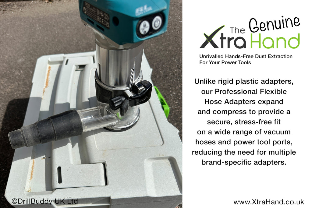 The Genuine XtraHand® Professional Flexible Hose Adapter fitted securely to a cordless laminate trimmer/router. The flexible stepped design expands and compresses to create a secure, stress-free connection for effective dust extraction during routing and trimming applications.
