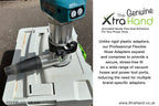 The Genuine XtraHand® Professional Flexible Hose Adapter fitted securely to a cordless laminate trimmer/router. The flexible stepped design expands and compresses to create a secure, stress-free connection for effective dust extraction during routing and trimming applications.