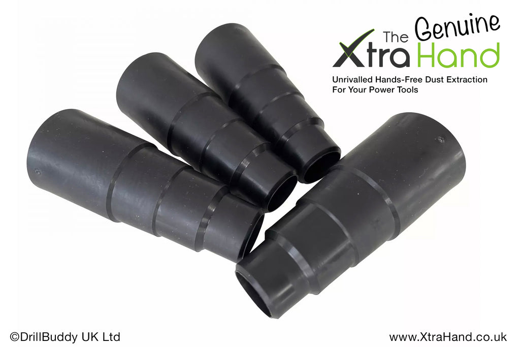 Four Genuine XtraHand Professional Flexible Pro Hose Adapters with stepped tapered edges, designed to fit a wide range of hose-mounted vacuums, dust extractors and power tool extraction ports.