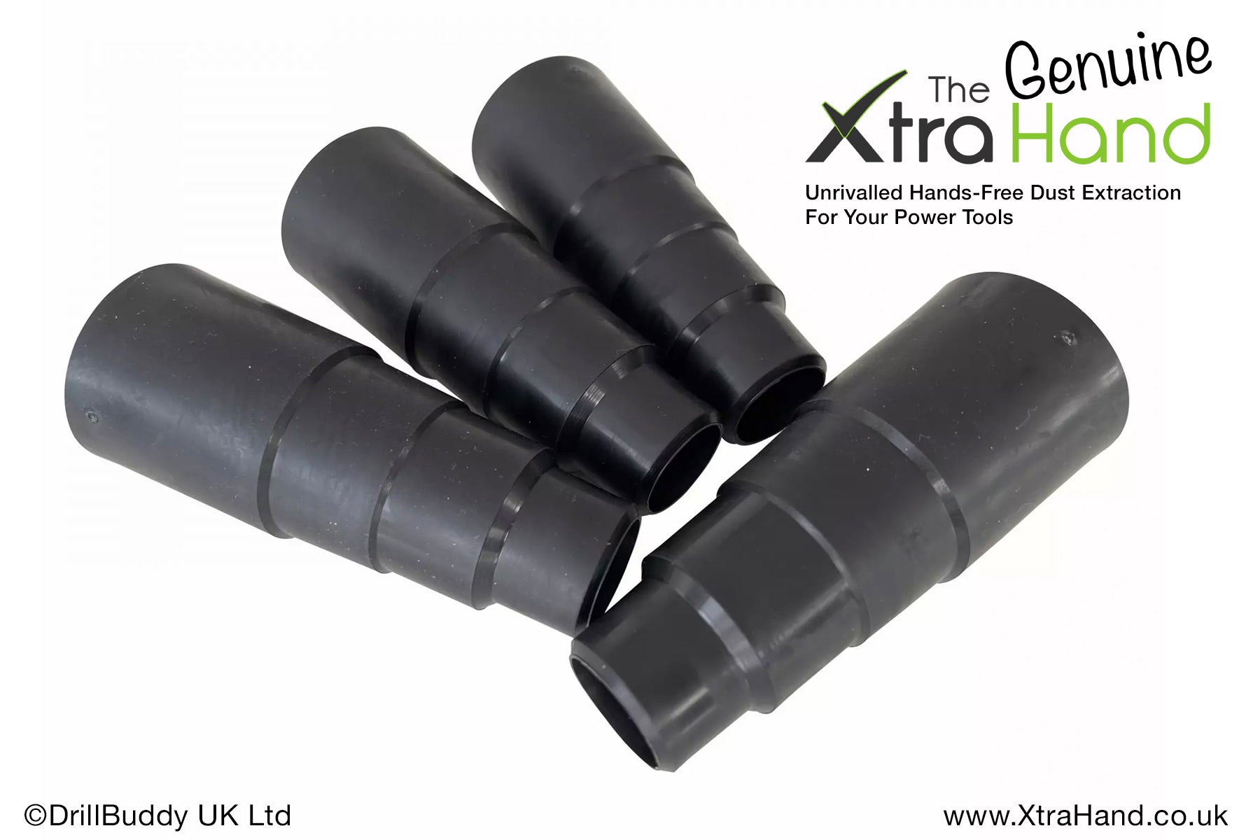 Four Genuine XtraHand Professional Flexible Pro Hose Adapters with stepped tapered edges, designed to fit a wide range of hose-mounted vacuums, dust extractors and power tool extraction ports.