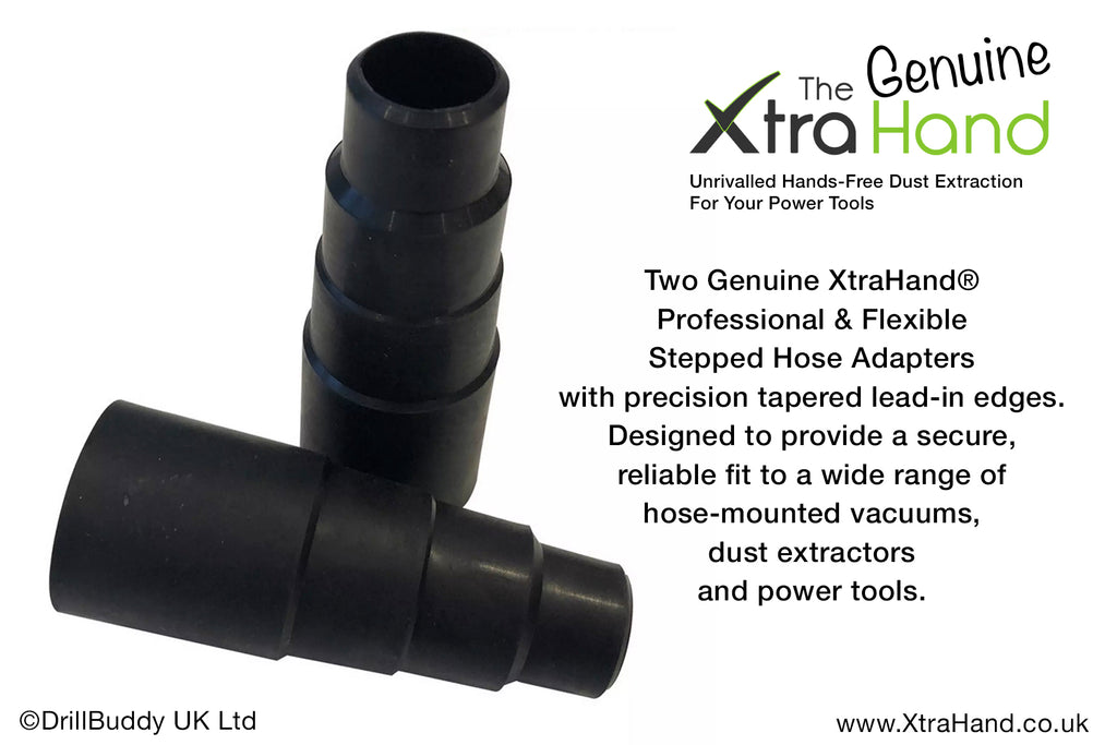 Two Genuine XtraHand® Professional Flexible Stepped Hose Adapters with precision tapered lead-in edges, designed to provide secure, reliable connections to hose-mounted vacuums, dust extractors and compatible power tools.