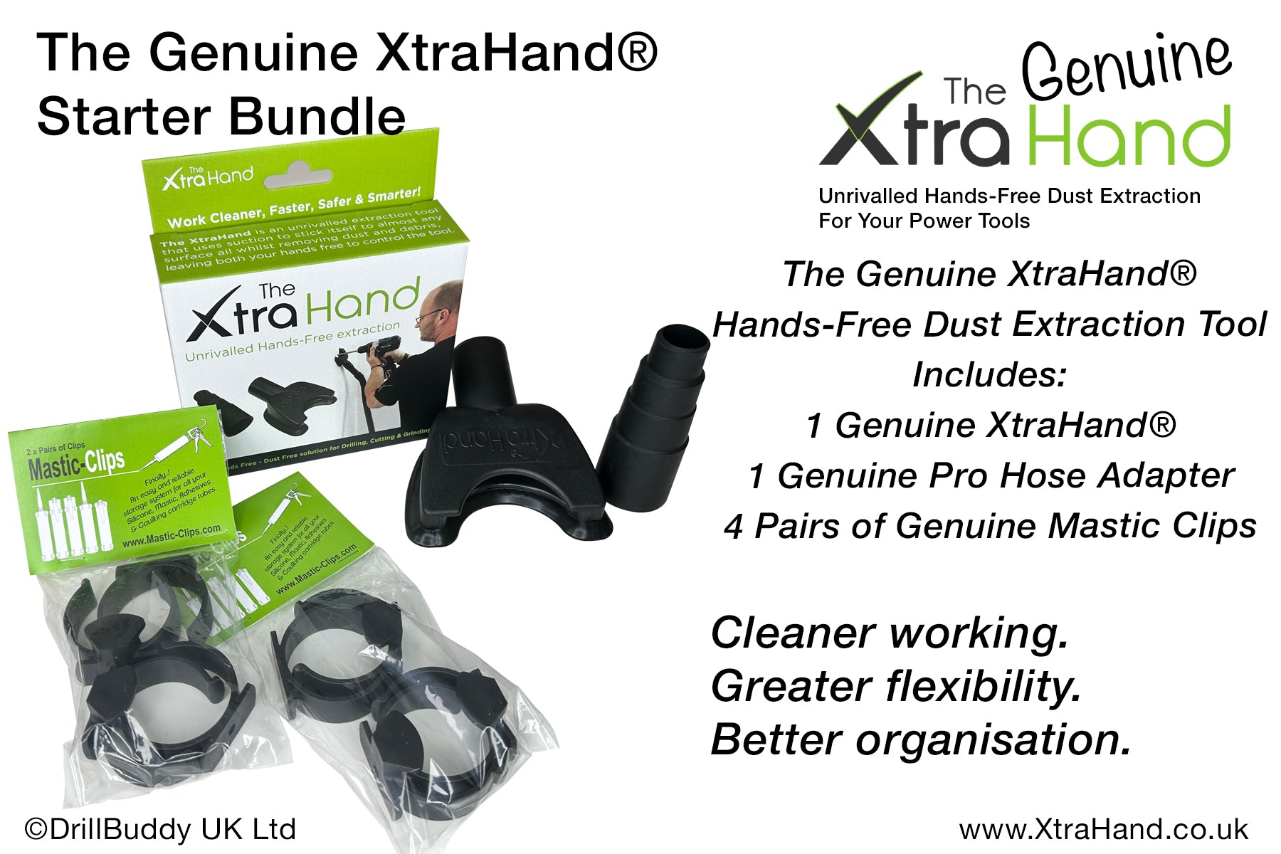 The Genuine XtraHand® Starter Bundle including one hands-free dust extraction tool, one Genuine Pro Hose Adapter and four pairs of Genuine Mastic Clips for cleaner working and organised storage of silicone, mastic, caulk and adhesive cartridge tubes.