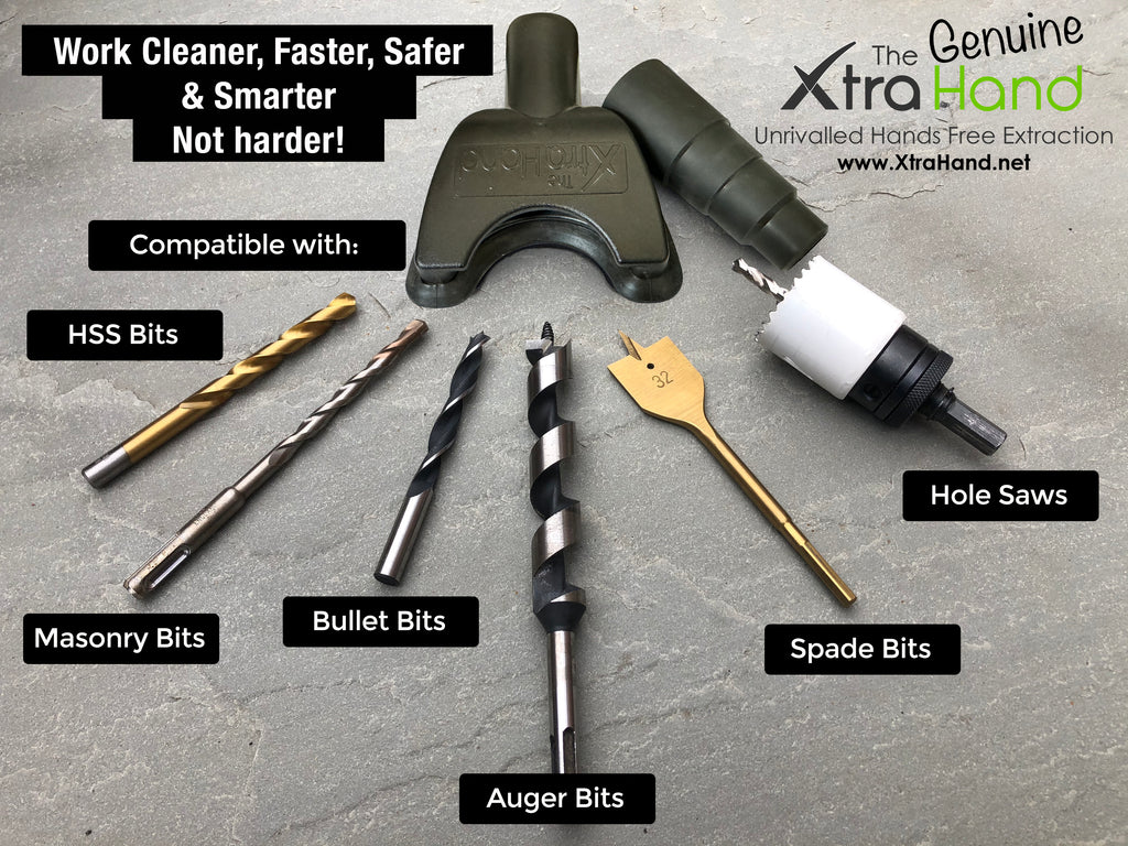 The genuine XtraHand and Pro Hose Adapter with all of the drill bits it removes dust from when drilling