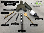 The genuine XtraHand and Pro Hose Adapter with all of the drill bits it removes dust from when drilling