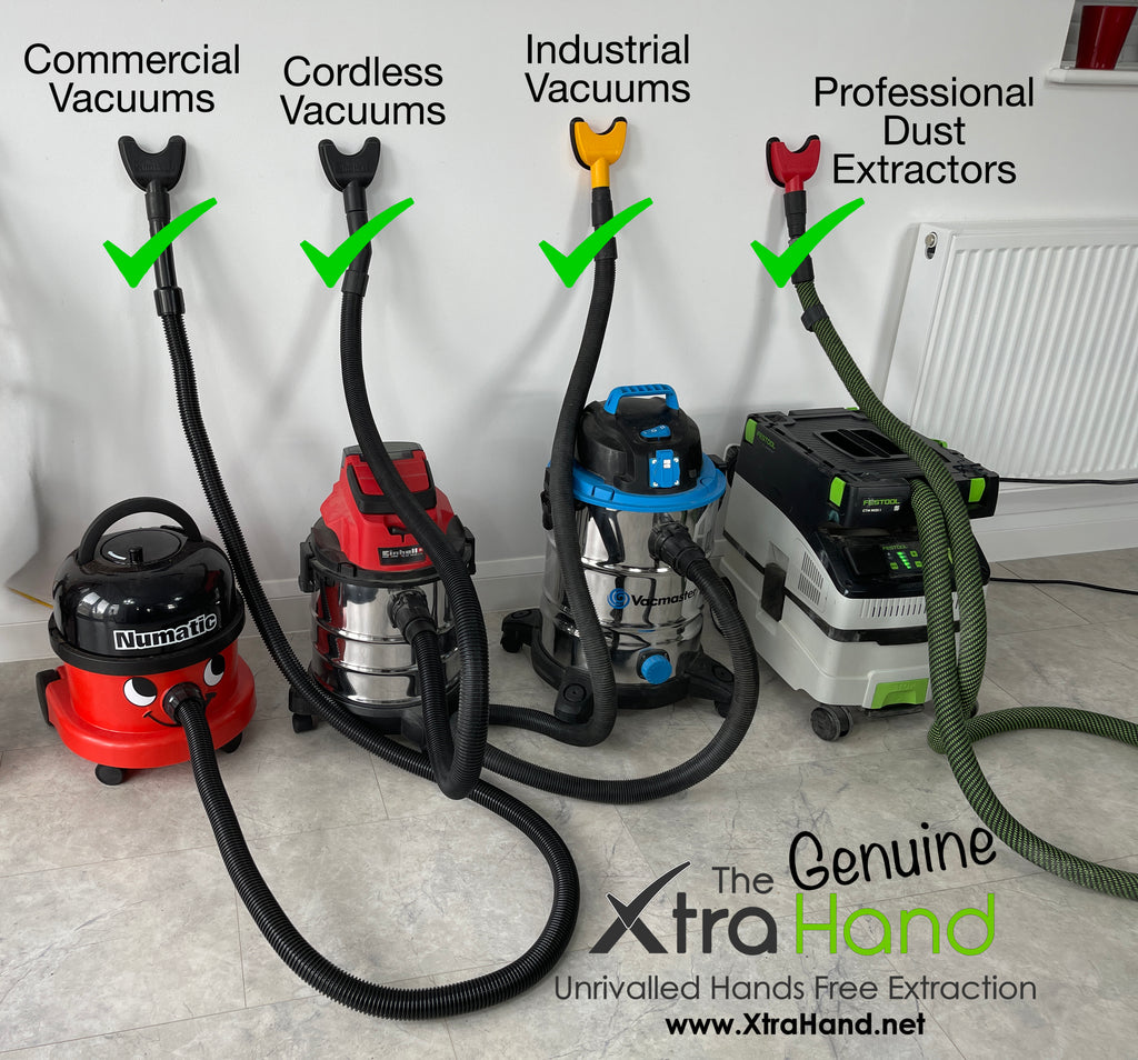 The Genuine XtraHand® hands-free dust extraction tool fitted to commercial, cordless, industrial and professional hose-mounted vacuums, demonstrating compatibility with a wide range of vacuum hose systems for drilling, cutting and grinding dust extraction.