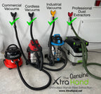The Genuine XtraHand® hands-free dust extraction tool fitted to commercial, cordless, industrial and professional hose-mounted vacuums, demonstrating compatibility with a wide range of vacuum hose systems for drilling, cutting and grinding dust extraction.